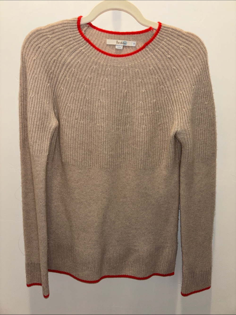 Boden Beige Crewneck Sweater with Red Trim